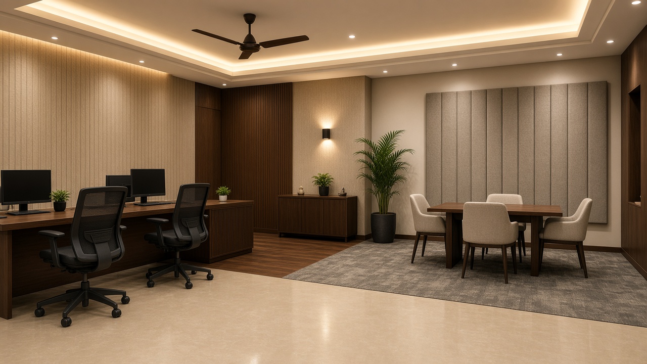 Designer ceiling, acoustic panels and workstation setting